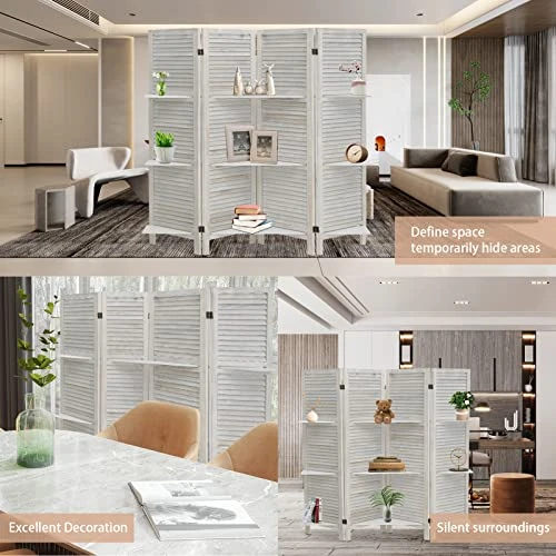 Babion Room Divider With Shelves,4 Panel Room Divider Wall,White Room Dividers And Folding Privacy Screens,Partition Room Dividers For Bedroom, Garden, Office, Study Room (White)