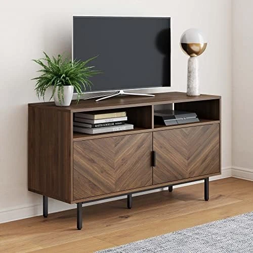 Nathan James Izsak Media Console, Brown/White/Gold & Enloe Modern Storage, Free Standing Accent Cabinet With Doors In A Rustic Fir Wood Finish Powder-Coated Metal Base, White/Gold - Image 9