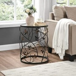 FirsTime & Co. Bronze Bird And Branches End Table, Bedroom Nightstand And Living Room Side Table, Round, Metal And Glass, Cottage, 22 X 16.5 Inches