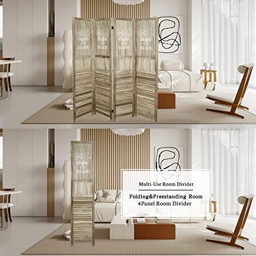 ECOMEX 4 Panel Room Divider, 5.6 Ft Tall Wood Room Dividers And Folding Privacy Screens Portable Partition Room Dividers With Pattern For Home Office Bedroom Dining Room, Brown - Image 6