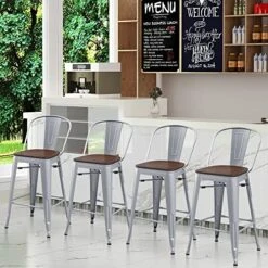 Tongli Counter Height Stool With Backs Counter Stools Metal Bar Stools Set Of 4 Dining Kitchen Chairs High Back 30 Inches Bar Chairs Stools Silver