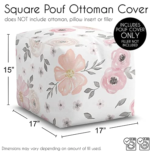 Sweet Jojo Designs Blush Pink Grey Boho Floral Girl Ottoman Pouf Cover Unstuffed Poof Floor Footstool Square Cube Pouffe Storage Baby Nursery Kids Room Bohemian Farmhouse Shabby Chic Watercolor White - Image 3