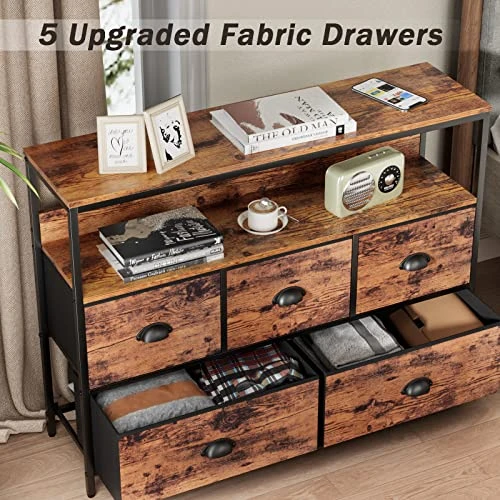 Furologee Console Table, Dresser TV Stand For Bedroom, Tall Entertainment Center With Shelves, Sofa Table With 5 Fabric Drawers Closet Storage Organizer For Living Room/Entryway/Hallway, Rustic Brown - Image 5