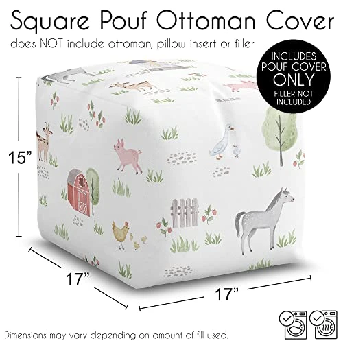 Sweet Jojo Designs Farm Animals Boy Girl Ottoman Pouf Cover Unstuffed Poof Floor Footstool Square Cube Pouffe Storage Baby Nursery Kids Room Gender Neutral Watercolor Farmhouse Barn Horse Nature White - Image 2