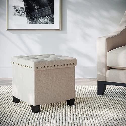 Nathan James 71103 Payton Foldable Storage Ottoman Footrest And Seat Cube, Beige - Image 4