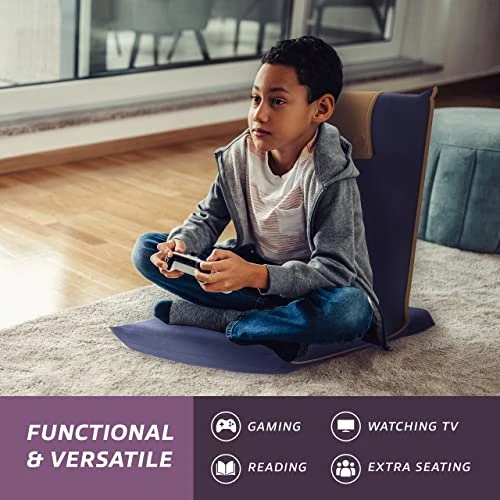 BonVIVO III Floor Chair With Back Support - Floor Gaming Chair, Padded Folding Sofa Chair, Folds Half, Adjustable Meditation Chair, Portable Floor Seat For Adults And Kids, Folds Half - Blue & Beige - Image 2