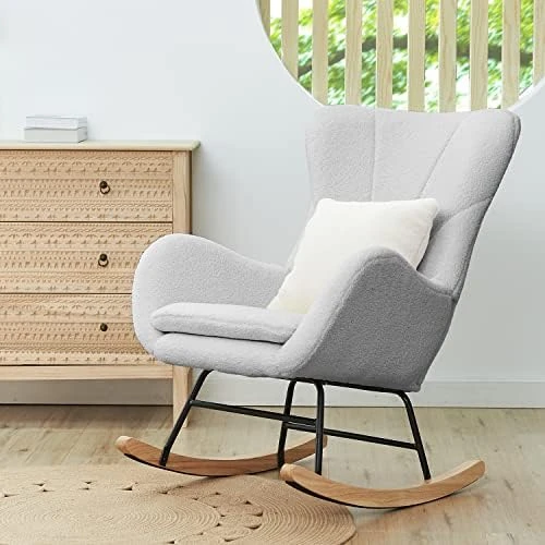 FUNNIU Rocking Chair Nursery, Glider Chair For Baby Nursing With Cushion Teddy Velvet Upholstered Indoor Glider Rocker Comfy Armchair Living Room Chair Accent Chair With High Backrest And Armrests - Image 7
