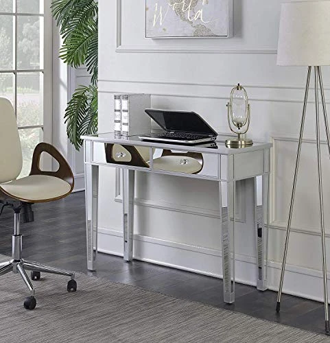 Convenience Concepts Gold Coast Mirrored Desk, Silver/Mirror & Concepts Gold Coast Mirrored End Table With Drawer, Silver/Mirror - Image 3