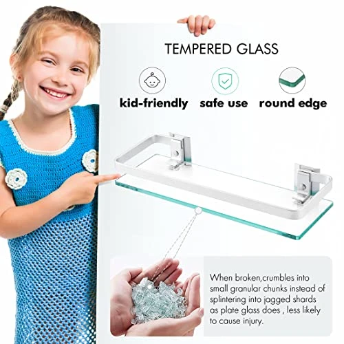 KES Bathroom Glass Shelf Aluminum Tempered Glass 8MM Extra Thick 2 Pack Rectangular 1 Tier Storage Organizer Wall Mount Silver, A4126A-P2 - Image 5