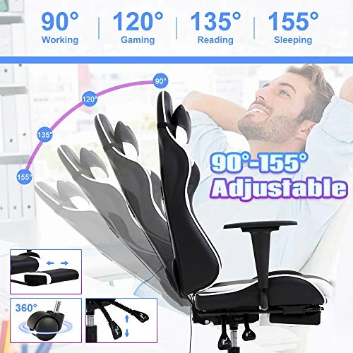 Gaming Chair High Back Computer Gaming Chair With Footrest, Ergonomic Game Chair PU Leather Racing Office Chair Adjustable Task Chair W/Headrest Armrest & Massage Function Lumbar Support-White - Image 3