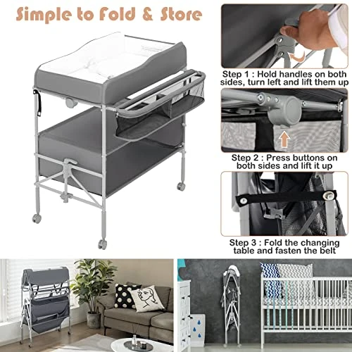 BABY JOY Portable Baby Changing Table, Foldable Infant Diaper Changing Station W/Storage Basket & Shelves, Clothes Rail, Height Adjustable Newborn Nursery Organizer W/ 4 Lockable Wheels (Gray) - Image 3