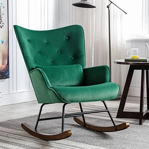 YOUTHUP Velvet Rocking Chair Indoor Mid-Century Modern Tufted Winback Rocker Chair With Solid Wood Base Comfy Tall Back Glider Rock Armchair For Living Room, Nursery, Balcony, Green - Image 8