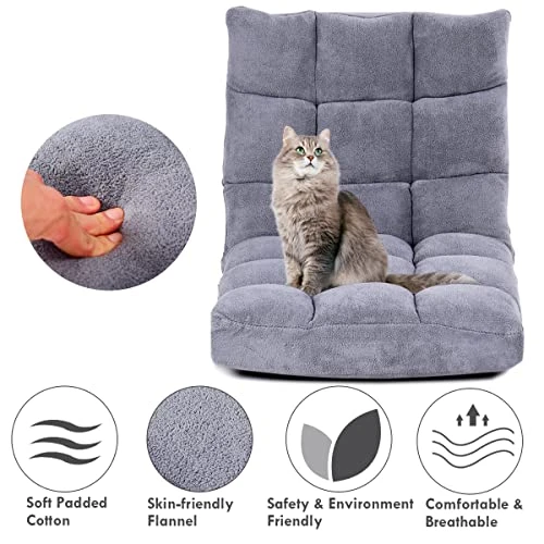 Giantex Floor Chairs For Adults - Floor Gaming Chair With Back Support, Coral Velvet, 14 Adjustable Position, Thick Sponge Padding, Floor Seating Lounge For Reading, Watching TV, Meditation (Gray) - Image 5