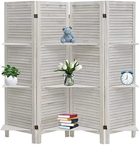 ECOMEX 4 Panel Room Divider With Shelves 5.6Ft Tall Folding Privacy Screens Room Dividers For Bedroom Home Double Hinged Wooden Room Dividers And Room Separator, White - Image 8