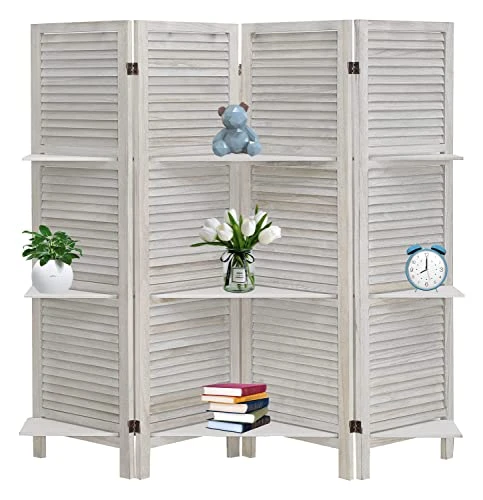 ECOMEX 4 Panel Room Divider With Shelves 5.6Ft Tall Folding Privacy Screens Room Dividers For Bedroom Home Double Hinged Wooden Room Dividers And Room Separator, White