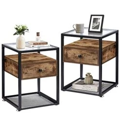 VECELO End Tables,Glass Top Nightstands With Drawer And Metal Frame,Set Of 2 For Living Room,Bedroom,Lounge,2 Set, Antique Brown