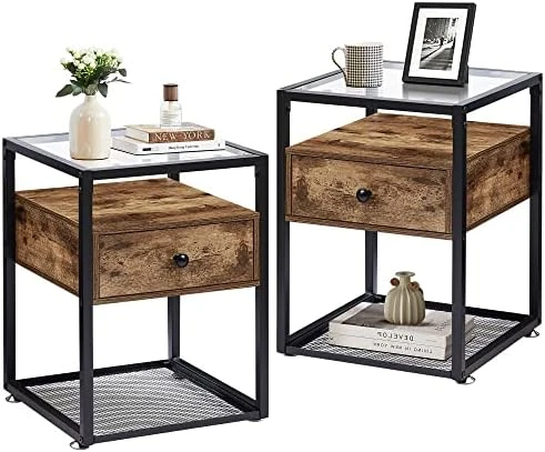 VECELO End Tables,Glass Top Nightstands With Drawer And Metal Frame,Set Of 2 For Living Room,Bedroom,Lounge,2 Set, Antique Brown - Image 12