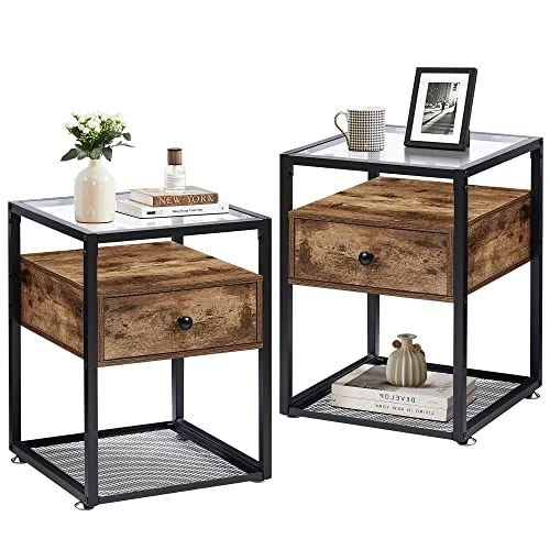 VECELO End Tables,Glass Top Nightstands With Drawer And Metal Frame,Set Of 2 For Living Room,Bedroom,Lounge,2 Set, Antique Brown