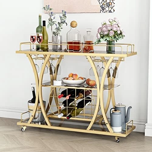 FABOMEI Silver Bar Carts With Glass Holders & Wine Rack,3 Tier Home Bar Serving Carts With Glass Shelves,Metal Rolling Bar Carts For The Home Kitchen, Party - Image 7