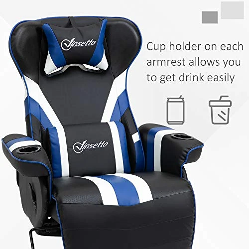 Vinsetto Gaming Chair, Racing Style Computer Recliner With Lumbar Support, Footrest And Cup Holder, Black/White/Blue - Image 3
