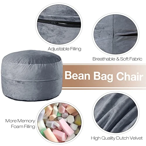WhatsBedding Bean Bag Chairs For Teens, Medium Bean Bag Sofa With Memory Foam, Furniture Bag With Soft Dutch Velvet Cover, Grey, 3 Foot - Image 2