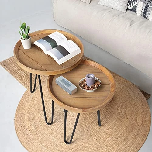Oakrain Nesting Tables For Living Room, Round Nesting Coffee Table, Farmhouse End Tables Living Room Set Of 2, Wood Side Tables Set Of 2 For Sofa, Bedroom, Balcony