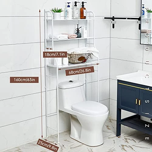 Chunful 3 Tier Over The Toilet Storage 3 Shelf Bathroom Organizer Over Toilet 63 X 27 X 10 Inches Over The Toilet Shelf Stable Freestanding Multifunctional Toilet Racks, Metal, White - Image 2