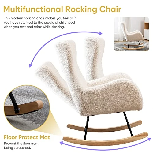 GEEVIVO Teddy Velvet Rocking Chair, Upholstered Accent Glider Rocker For Baby Nursery, Comfy Armchair Side Chair With High Backrest With High Backrest For Living Room, Bedroom (Beige, Teddy Velvet) - Image 3