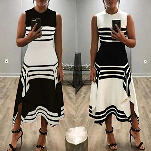 Snowfoller Women Striped Long Dress Casual Sleeveless Round Neck Irregular Hem Party Dresses - Image 5