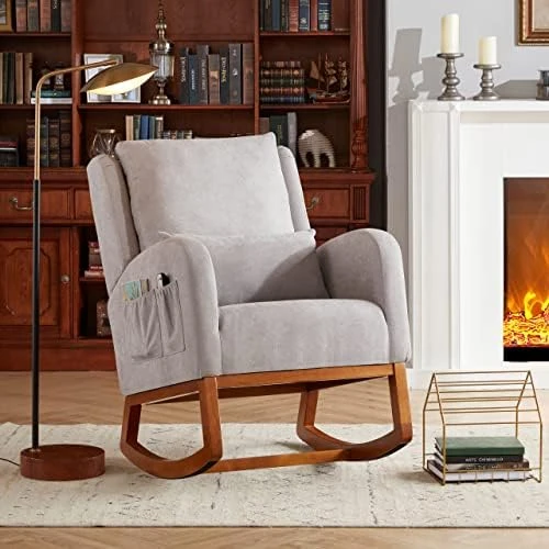Iroomy Modern Accent Upholstered Rocking Glider Rocker High Back Arm Chair W/2 Side Pockets, Indoor For Living Room/Bedroom/Nursery-Beige - Image 10