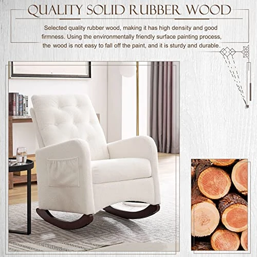 Obuvar Upholstered Rocking Chair For Nursery, Accent Glider Rocker With Two Pockets, Comfy Armchair With Tall Backrest And Double Layer Cushion, Baby Nursery Glider For Living Room, Bedroom (White) - Image 3