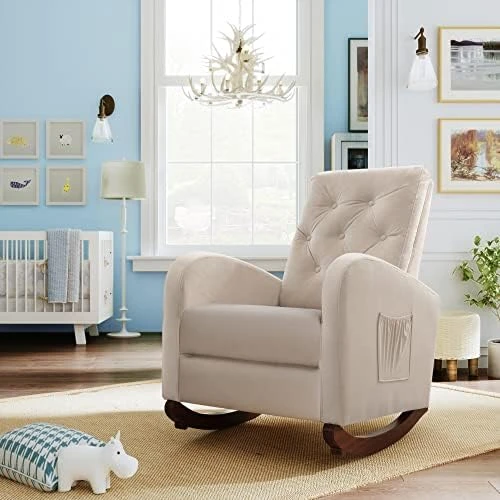 Merax Beige Modern Tufted Accent Rocking Chair, Upholstered Nursery Glider Rocker With High Backrest For Baby And Kids, Set Of 1 - Image 13