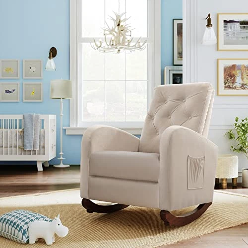 Merax Beige Modern Tufted Accent Rocking Chair, Upholstered Nursery Glider Rocker With High Backrest For Baby And Kids, Set Of 1