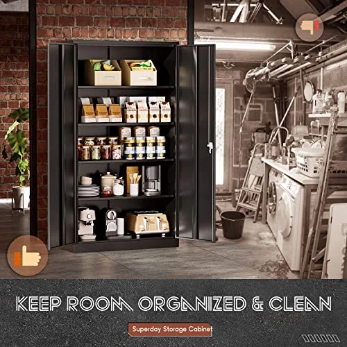 Superday Locking Metal Storage Cabinets, 71" Lockable Steel Storage Cabinet, Tall Black Cabinet With 2 Doors And 4 Adjustable Shelves For Garage, Home Office, Classroom, Pantry, File, Easy Assemble - Image 5