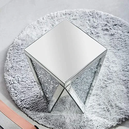 MIREO Mirrored End Table With Crystal Inlay, Square Modern Side Table Silver Accent Table, Drum End Table For Living Room Bedroom From Fine Furniture⦠- Image 6