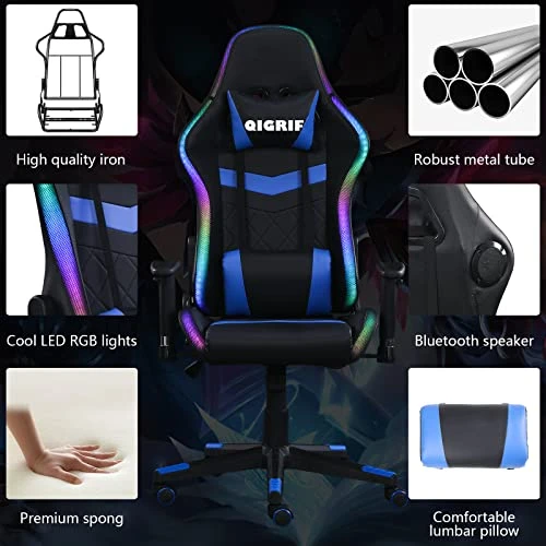 LED Computer Gaming Chair With Bluetooth Speakers And RGB Lights, Ergonomic Gamers Chair, Office Chair For Adults, Video Gaming Chair For Gift (Blue)