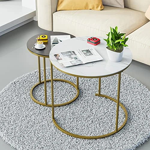 Moncot Modern Nesting Round Coffee Tables Set Of 2 Tempered Glass Faux Marble Finished Texture & Dark Gray Finish Top Waterproof Outdoor And Indoor Nested End Tables, Stacking Table, ET219AB-WG - Image 4