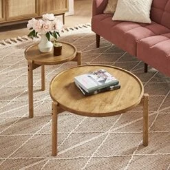 Mopio Dylan Coffee Table, 2 Piece Solid Wood Boho Farmhouse Round Rustic Modern Small Coffee Table Set, Nesting Tables, With Sturdy Durable 3-Legged Base, For Living Room, Rubberwood