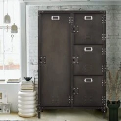 MIIIKO Steel Wardrobe Cabinet Locker, 55.1" H X 17.9" D X 29.5" W Rustic Metal Storage Cabinet With Lockable Doors And Hanging Rod, Industrial Rivet Style, For Living Room, Bedroom, Garage And Club