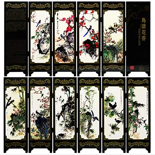 Bantlou Mini Folding Screen Small Chinese Dividers Japanese Decor Folding Screen Desktop Asian Decoration Gift For Home Office New Year 18.5‘’×9.5’’(Bird And Flowers)