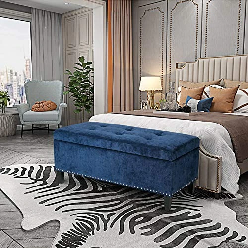 Joveco Storage Ottoman Bench Microfiber Rectangular Button Tufted Footstool Toy Chests & Storage Room Organizer (Dark Royal Blue) - Image 2