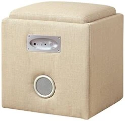 Furniture Of America Uptempo Padded Flax Storage Ottoman With Bluetooth Speakers, Ivory