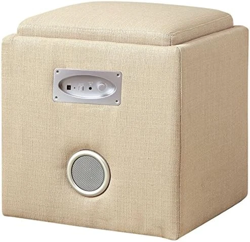 Furniture Of America Uptempo Padded Flax Storage Ottoman With Bluetooth Speakers, Ivory - Image 6