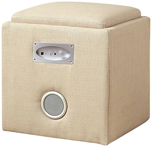 Furniture Of America Uptempo Padded Flax Storage Ottoman With Bluetooth Speakers, Ivory