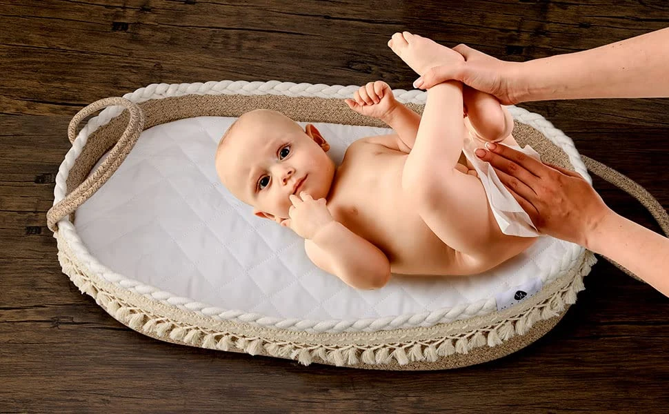 Maidek Baby Changing Basket - Handmade Woven Cotton Rope Moses Basket - Changing Table Topper With Mattress Pad, Removable Cover, Soft Blanket, Furniture - 29x16x4.7 Brown/White - Image 3