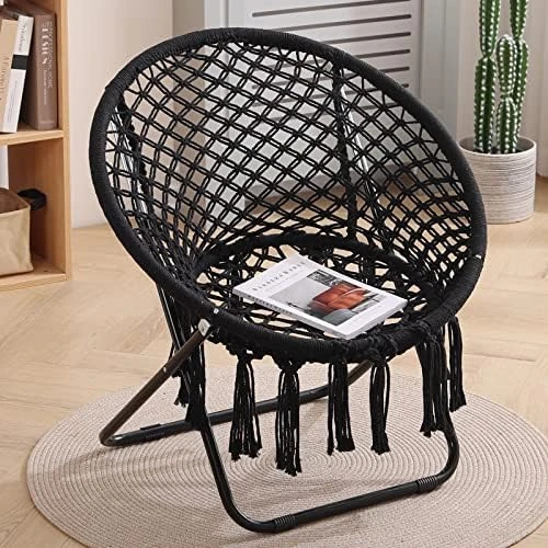 Tiita Saucer Chair, Round Cozy Chairs With Folding Metal Frame, Handmade Knitted Mesh, Comfy Moon Chair For Bedroom, Living Room Dorm Rooms, Garden And Courtyard - Image 7