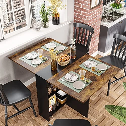 Tiptiper Folding Dining Table With 6 Wheels, Drop Leaf Tables For Small Spaces, Foldable Dining Table With 2-Layer Storage Rack, Folding Kitchen Table, Rustic Brown And Black - Image 3