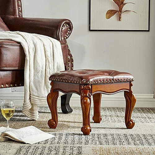 LEILISI Small Footstool Brown Leather Ottoman, Vintage Carved Upholstered Footrest, Rubber Wooden Foot Rest Stool Sofa Stool (Red-Brown) - Image 2