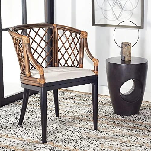 Safavieh Home Collection Carlotta Natural Wash/White Cushion Living Dining Room Bedroom Office Foyer Arm Chair SEA4013C, Brown/Black - Image 6