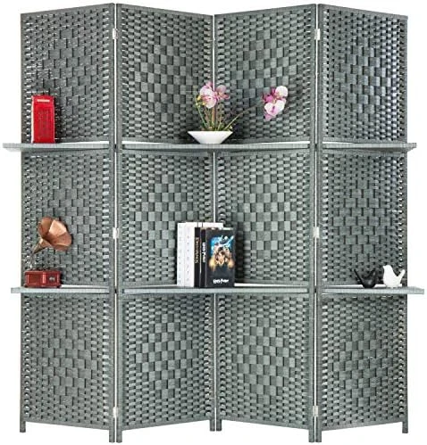 MyGift 6-Foot Gray Bamboo Woven 4-Panel Room Divider With 2 Shelves - Image 7
